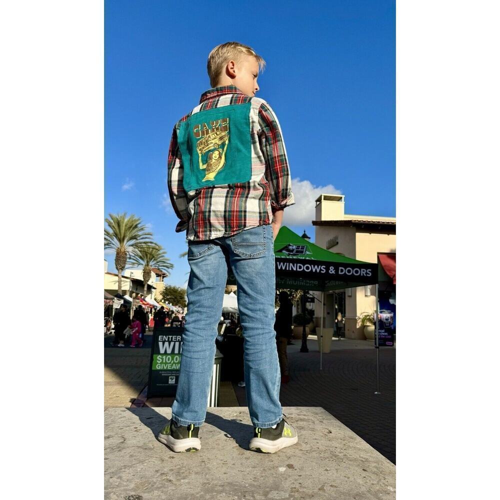 CAKE 90s Alternative Rock Retro Vintage Upcycled Plaid Flannel Kids Shirt Sz L